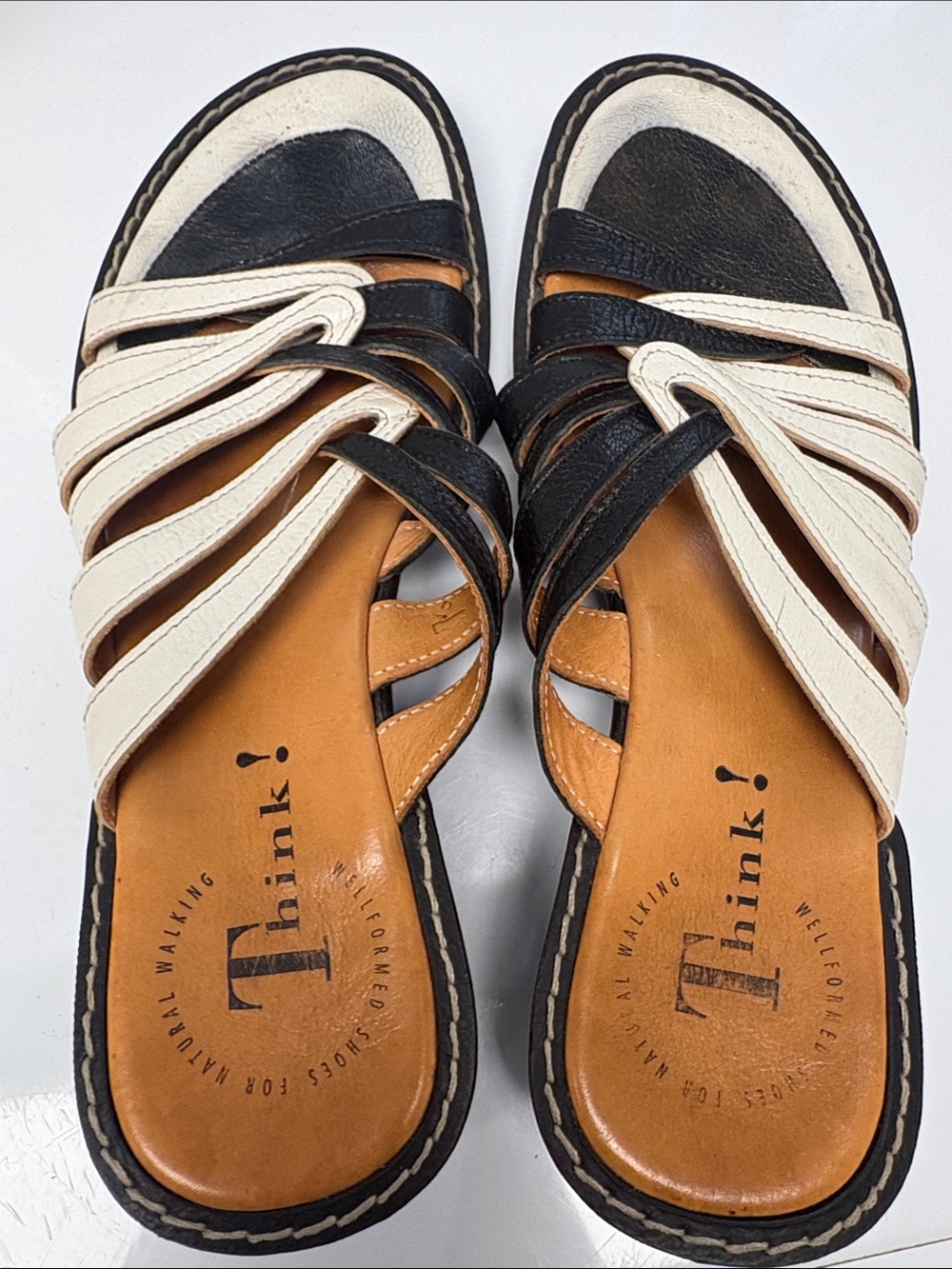 Think! Two-Tone Black and Cream Leather Slide Mules